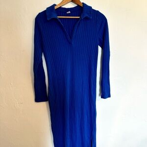 Women's Ribbed Polo-Style Midi Dress - Blue